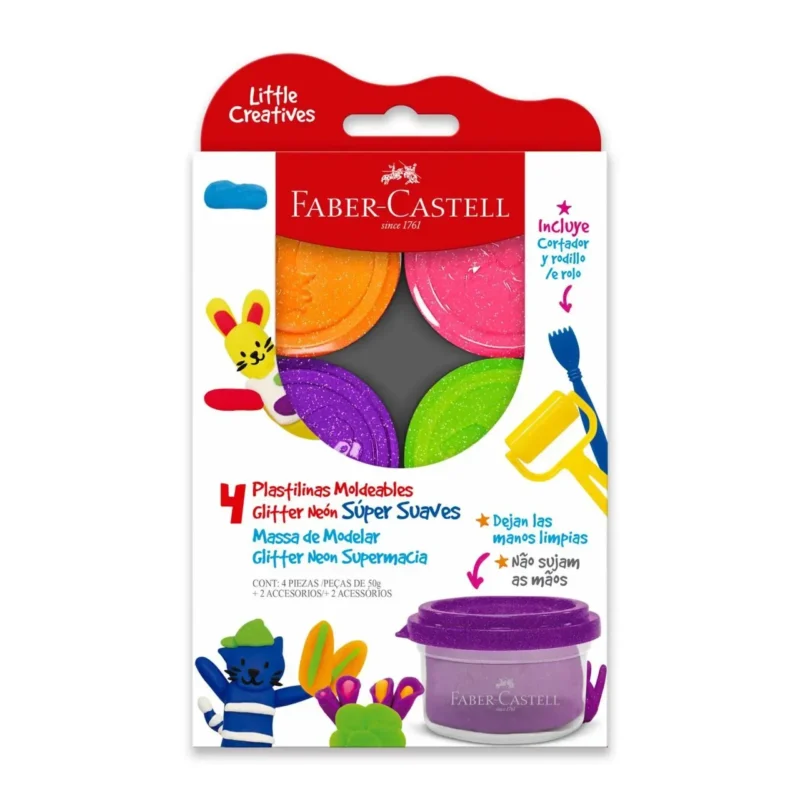 PLASTILINA SUPERSUAVE FABER  50 GR X4 GLITNEON.   370845